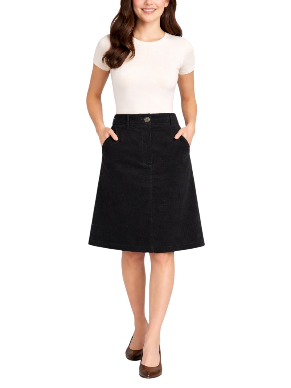 Boden Black Corduroy A-Line Skirt Pockets Cotton Stretch Petite US 12P NWT